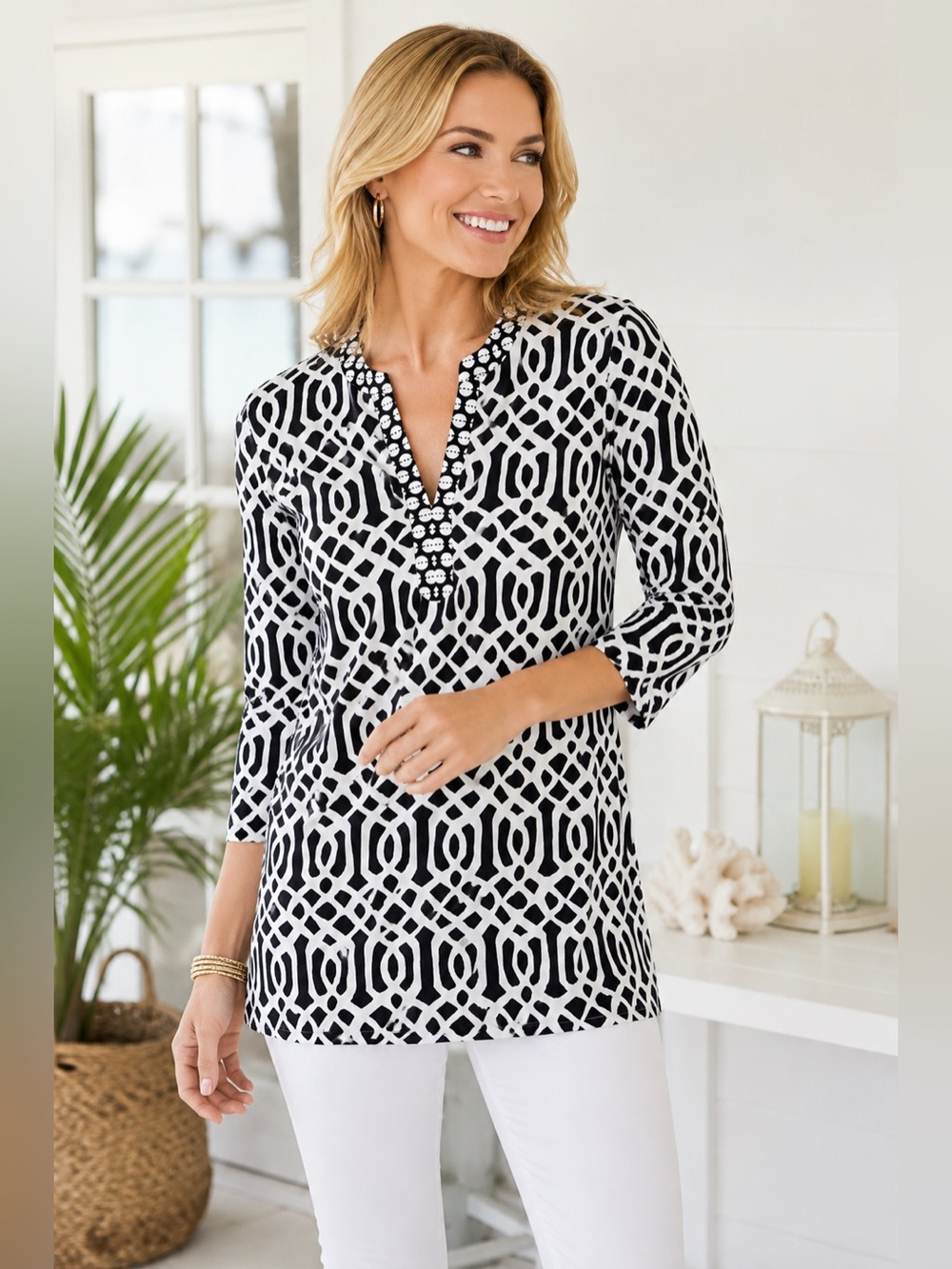 J. McLaughlin Catalina Cloth Geometric Tunic Black White Size Small